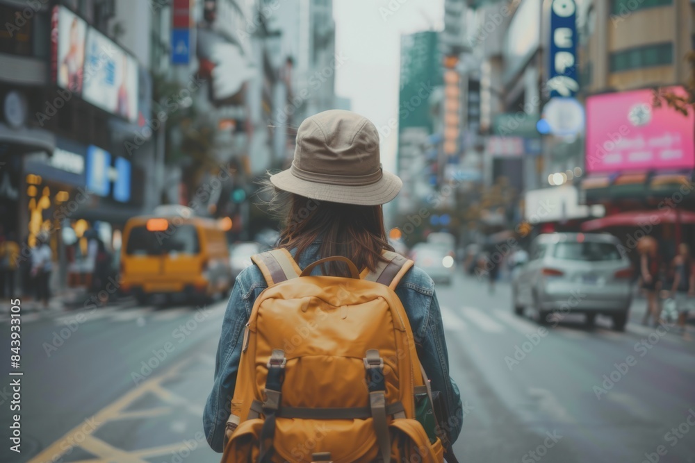 tourist or solo traveler person from behind with backpack traveling the world - standing on the street of big city at daytime with neon lights tourist or solo traveler person from behind with backpack traveling the world - standing on the street of big city at daytime with neon lights