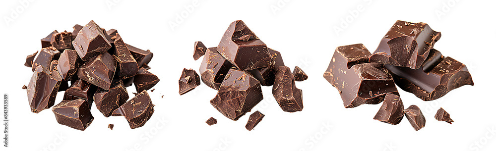 Chocolate chunks, three piles of broken dark chocolate pieces. Chocolate chunks, three piles of broken dark chocolate pieces.