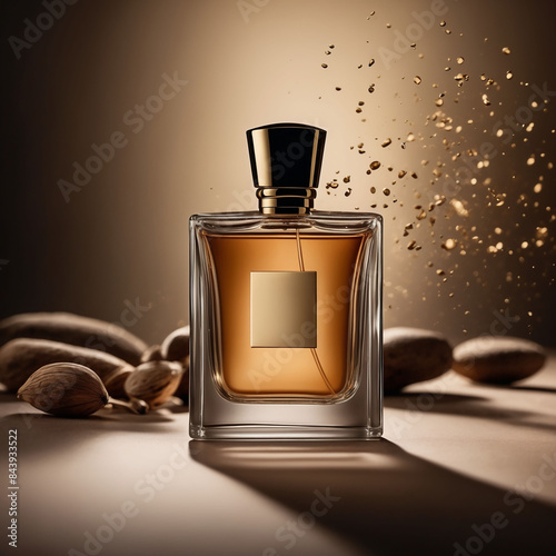  Rich and exotic scent of oud wood, sleek and elegant perfume bottle.