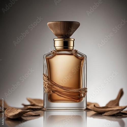  Rich and exotic scent of oud wood, sleek and elegant perfume bottle. photo