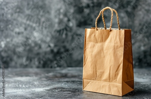 Brown Paper Shopping Bag on a Grey Concrete Background