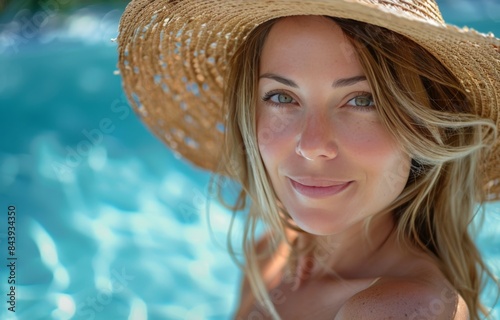 Young Woman With Straw Hat Smiling by Pool on Sunny Day