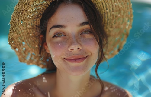 Young Woman With Straw Hat Smiling by Pool on Sunny Day