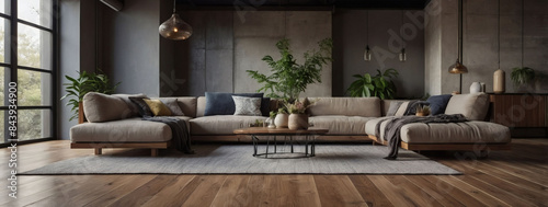 Clean and contemporary loft design with botanical touches on a wooden floor.