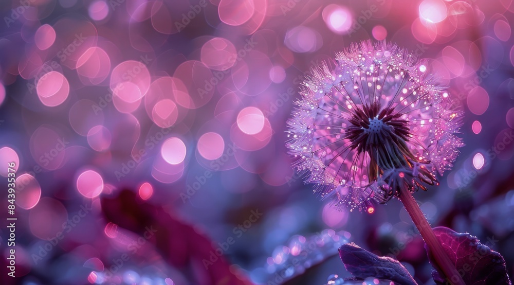 Close Up of a Dew Covered Pink Dandelion in a Purple Bokeh Background Close Up of a Dew Covered Pink Dandelion in a Purple Bokeh Background