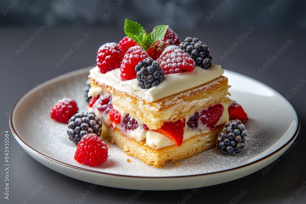 Delicious Slice of Layered Cake Topped With Fresh Berries and Whipped Cream Delicious Slice of Layered Cake Topped With Fresh Berries and Whipped Cream
