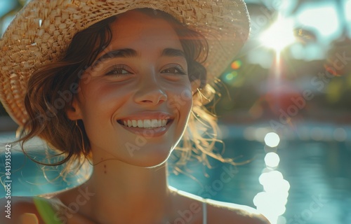 Smiling Woman in Straw Hat by Pool on Sunny Day