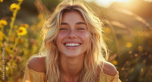 Happy Woman With Blonde Hair Smiling in Front of Yellow Wall