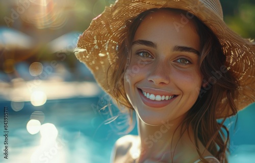 Smiling Woman in Straw Hat by Pool on Sunny Day