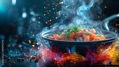 An image of a cooking app that uses neural networks to automatically analyze ingredients and suggest recipes, set against a colorful digital interface. ::3 4-bit ::3 --no text --ar 16:9 --quality 0.5