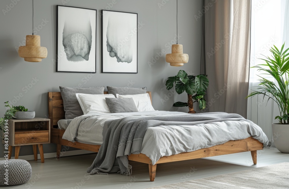 Fototapeta premium Modern Bedroom Interior With Wooden Bed and Hanging Lamps