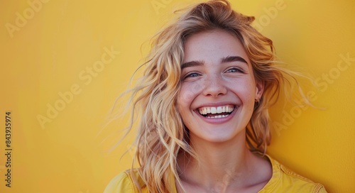 Happy Woman With Blonde Hair Smiling in Front of Yellow Wall