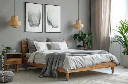Modern Bedroom Interior With Wooden Bed and Hanging Lamps