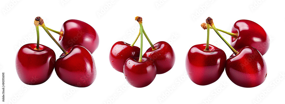 Cherries, three clusters of ripe red cherries with stems. Cherries, three clusters of ripe red cherries with stems.