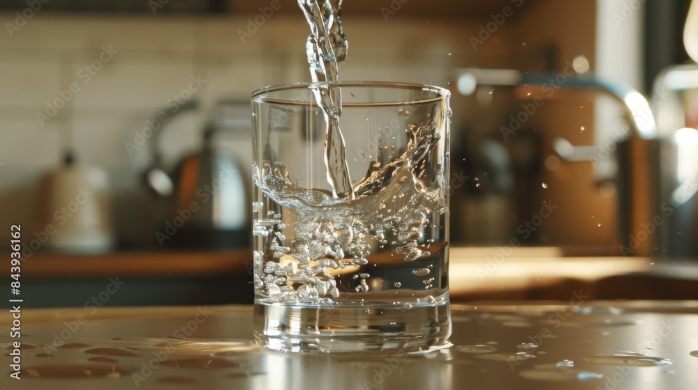 Fresh water is poured into a transparent glass. Splash in a glass, drop of water falling into a glass Fresh water is poured into a transparent glass. Splash in a glass, drop of water falling into a glass