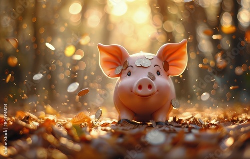 Pink Piggy Bank Smiling in Autumn Leaves With Coins Falling