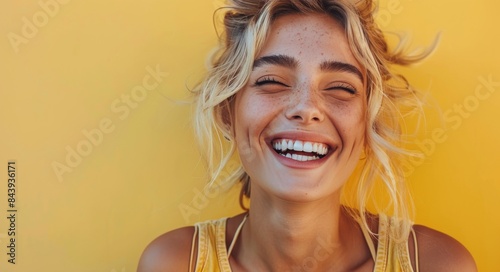 Happy Woman With Blonde Hair Smiling in Front of Yellow Wall