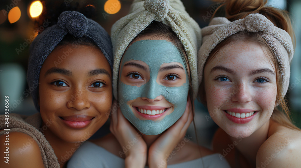 Three Smiling Women with Face Masks and Towels Highlighting Skincare and Relaxation