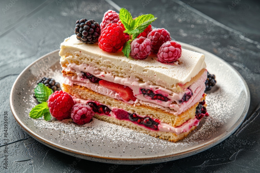 Close Up of a Creamy Raspberry and Blackberry Cake Slice With Powdered Sugar Close Up of a Creamy Raspberry and Blackberry Cake Slice With Powdered Sugar