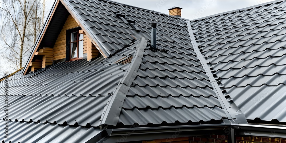 Closeup of metal roof tiles on a house. Concept Home Improvement, Architecture, Metal Roofing, Exterior Design, Construction