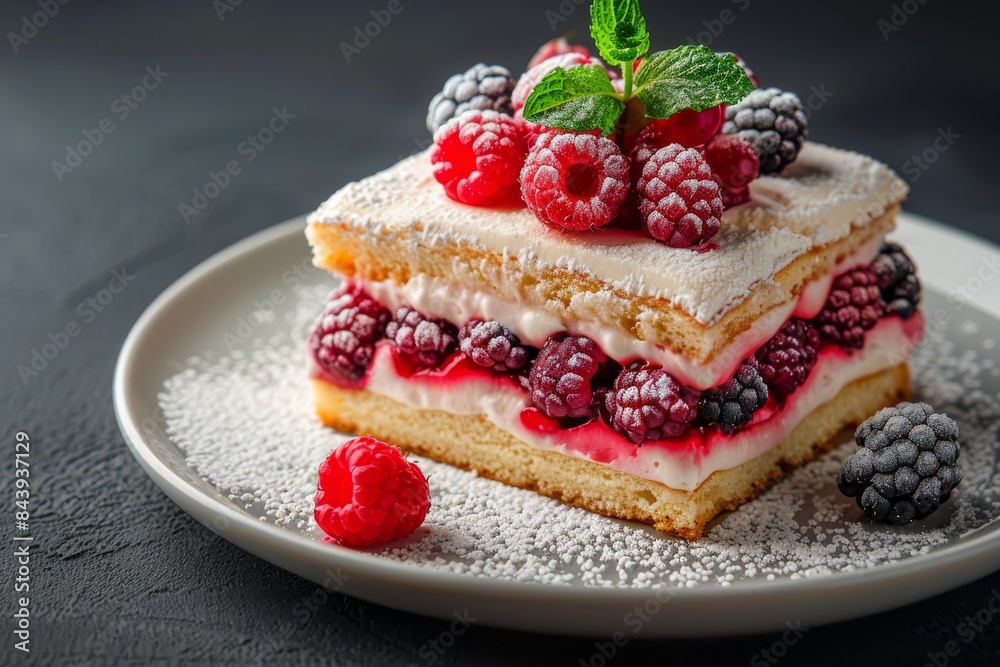 Close Up of a Creamy Raspberry and Blackberry Cake Slice With Powdered Sugar Close Up of a Creamy Raspberry and Blackberry Cake Slice With Powdered Sugar
