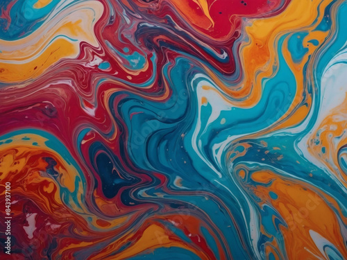 Colorful abstract marbled acrylic paint design with fluid waves, suitable for a dynamic and vibrant background banner. © xKas