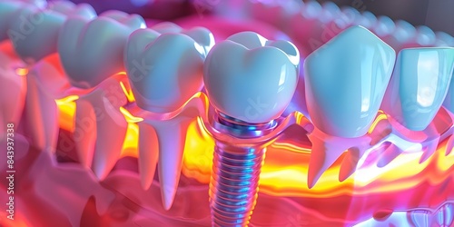 Colorful neon dental implant installation with abutment and artificial crown in jaw. Concept Dental Implants, Neon Colors, Abutment, Artificial Crown, Jaw