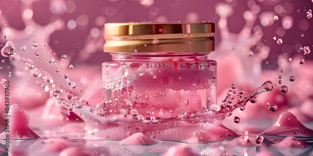 Pink background with serum splashes glass jar with golden lid. Concept Product Photography, Pink Background, Glass Jar, Golden Lid, Serum Splashes Pink background with serum splashes glass jar with golden lid. Concept Product Photography, Pink Background, Glass Jar, Golden Lid, Serum Splashes