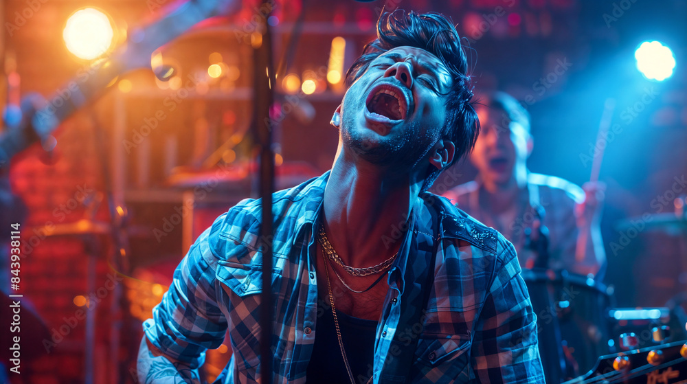 Fototapeta premium Singer performing at club or bar really hitting the high note