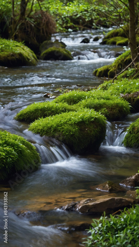 Close-up of spring stream with lush greenery, ideal for a horizontal banner.