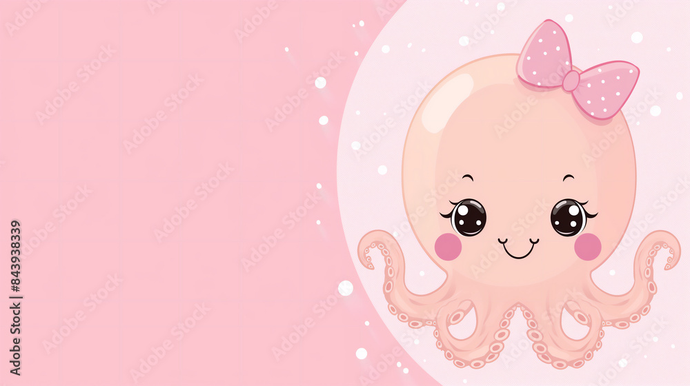 Illustration of isolated beige smiling baby Octopus with pink ribbon on pink background. Flat design. Banner with copy space for text. Suitable for wallpaper, print, poster, postcard, flyers Illustration of isolated beige smiling baby Octopus with pink ribbon on pink background. Flat design. Banner with copy space for text. Suitable for wallpaper, print, poster, postcard, flyers