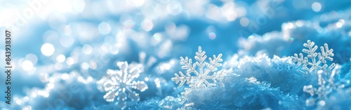 Wintry Wonderland: Snowflakes & Ice Crystals on Blue Sky Background - Panoramic Banner Long