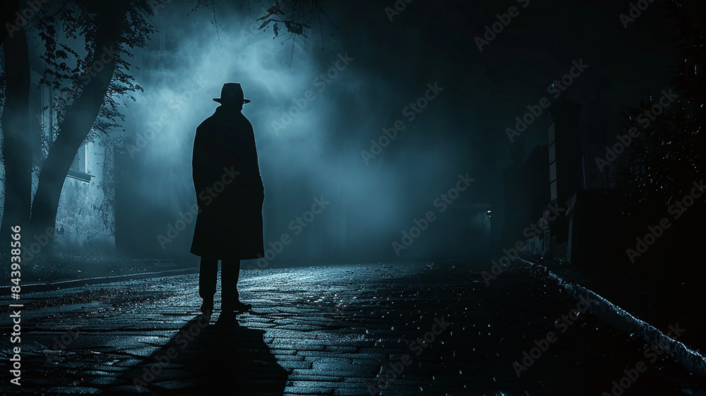 A mysterious American man wearing a long trench coat in the fog. Noire detective. Economic Transformation era. A mysterious American man wearing a long trench coat in the fog. Noire detective. Economic Transformation era.