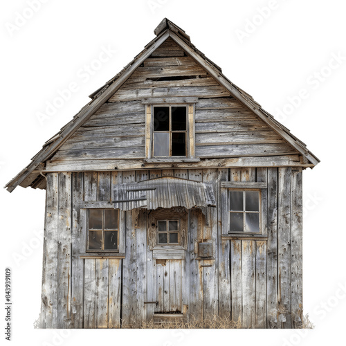 Isolated rustic wooden cabin with aged planks and broken windows set against a transparent background photo