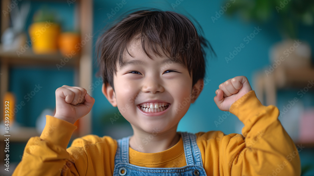 Smiling Korean Boy with Raised Arms Celebrating Excitement and Achievement Smiling Korean Boy with Raised Arms Celebrating Excitement and Achievement