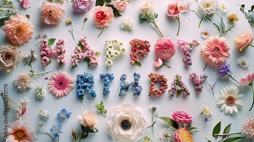 The word HAPPY BIRTHDAY made of flowers, on a white background, in a flat lay photography style