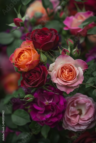 Rich, romantic, and lush, showcasing a close-up of fully bloomed roses in deep shades of magenta, pink, and burgundy