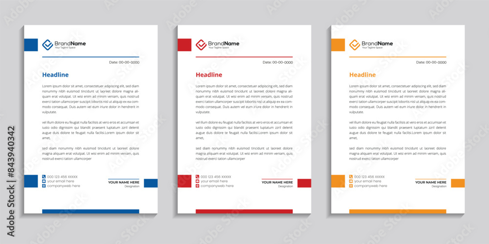 Simple corporate modern letterhead design template set of three with various colors. creative abstract letterhead design bundle for your business.