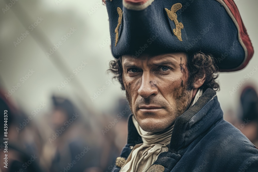 Napoleon's Triumph: The Legendary Leader with a Confident Gaze, Posing Emblematically Amidst the Chaotic Scene of Battle. Napoleon's Triumph: The Legendary Leader with a Confident Gaze, Posing Emblematically Amidst the Chaotic Scene of Battle.
