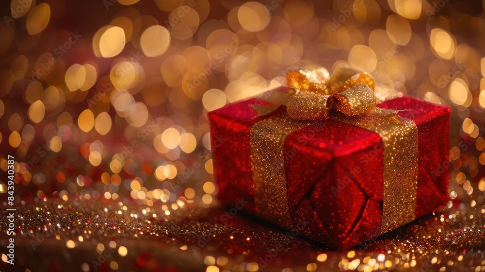 Sparkling Red Gift on Glittering Gold Background Sparkling Red Gift on Glittering Gold Background