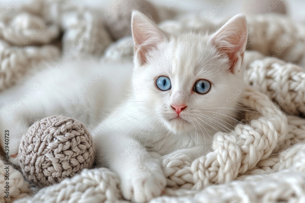 White Kitten Relaxing on Knit Blanket White Kitten Relaxing on Knit Blanket