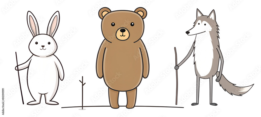 Obraz premium Collection set of cute and kind forest animals: hare, bear and wolf. Idea for printing t-shirts, baby envelopes, posters, cards, children's books. Hand drawing on transparent background.