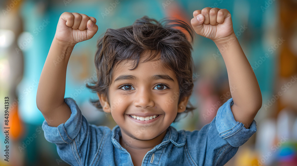 Smiling Indian Boy with Fists Up Celebrating Victory and Joy Smiling Indian Boy with Fists Up Celebrating Victory and Joy
