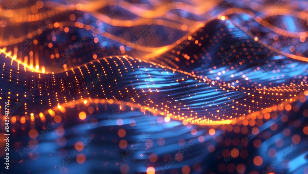 Digital background featuring an abstract digital pattern of glowing dots on top of wavy lines, creating the illusion that it's moving in space with depth and perspective
