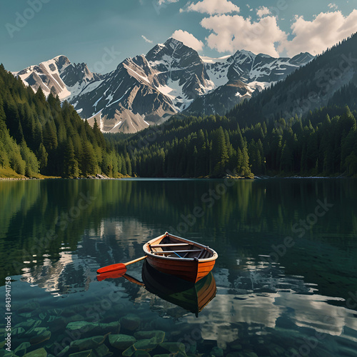 Boat in the mountain lake landscape full quality mountains and forest snowy clean water steep hillside background without an oar amazing 