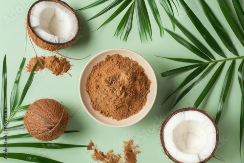 Cught from above  top view of brown fine powder in white bowl with coconut fruit and palm leaf on light green background  flat lay