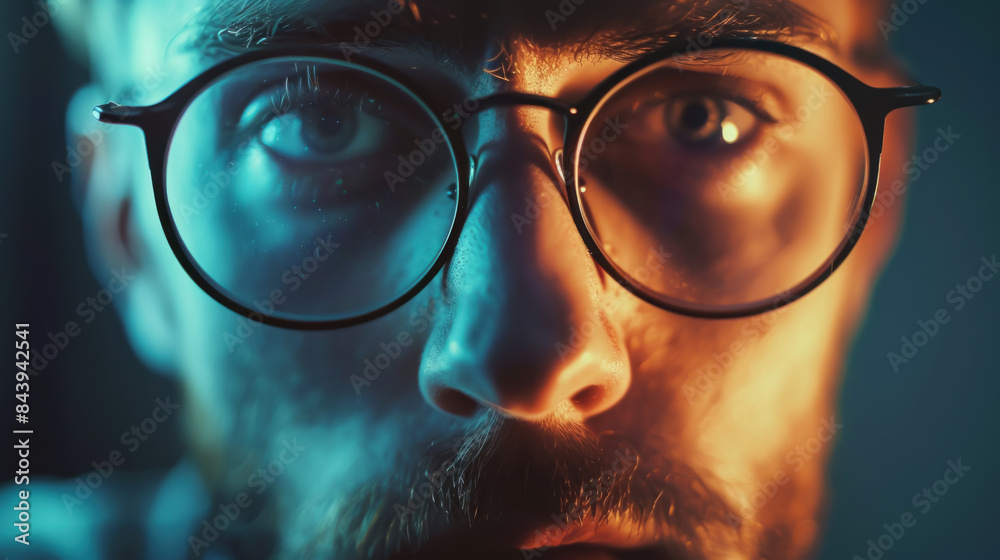 Startled Man with Glasses in Softly Lit Environment Startled Man with Glasses in Softly Lit Environment