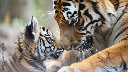 Closeup of a young siberian tiger playing with its mother