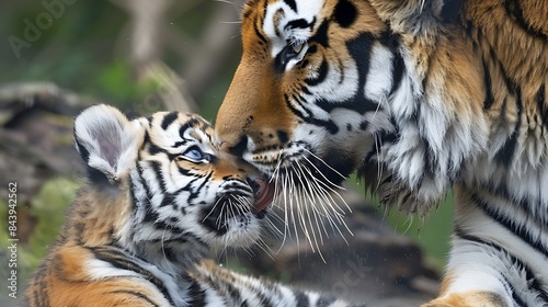 Closeup of a young siberian tiger playing with its mother