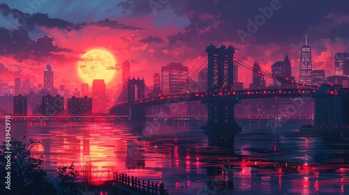 Sunset Glow Over Urban Bridge and Skyline - A picturesque sunset casts a pink hue over a serene city skyline